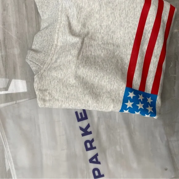 PARKE Light Gray Crewneck Sweatshirt with Red & Blue Flag Print - Picture 2 of 7